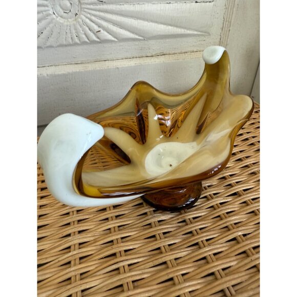 Vintage MCM Midcentury Art Glass Dish/Bowl Amber and Milk Glass - Picture 6 of 13